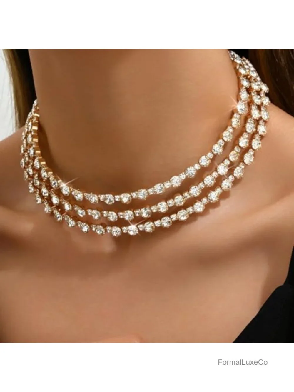 14K Gold Plated 3 Layer Rhinestone Choker Necklace for Women, Sparkly Crystal